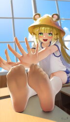 Rule 34 | 1girl, absurdres, alternate costume, animal ear fluff, animal ears, blonde hair, colored inner hair, green eyes, hat, highres, ju fufu, legs, long hair, looking at viewer, mimuxiao, multicolored hair, no shoes, open mouth, shirt, shorts, smile, solo, tail, tickling, tickling feet, tiger ears, tiger girl, tiger tail, zenless zone zero