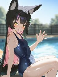 1girl animal_ear_fluff animal_ears arm_support bare_shoulders black_hair blue_one-piece_swimsuit blush breasts brown_eyes collarbone colored_inner_hair commission competition_school_swimsuit competition_swimsuit covered_navel day fox_ears fox_girl fox_tail hair_ornament hairclip hand_up highres hino_hinoki indie_virtual_youtuber itinana long_hair looking_at_viewer multicolored_hair one-piece_swimsuit open_mouth outdoors pink_hair pool poolside school_swimsuit sitting skeb_commission small_breasts smile soaking_feet solo swimsuit tail two-tone_hair water waving wet wet_clothes wet_swimsuit