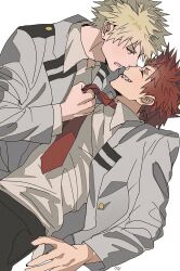 2boys bakugou_katsuki boku_no_hero_academia closed_eyes clothes_grab collared_shirt commentary depisx grey_jacket grin hashtag-only_commentary highres jacket kirishima_eijiro lapels layered_sleeves long_sleeves looking_at_another male_focus multiple_boys necktie necktie_grab neckwear_grab notched_lapels open_clothes open_collar open_jacket profile red_hair red_necktie school_uniform sharp_teeth shirt shirt_tucked_in short_hair simple_background smile spiked_hair teeth u.a._school_uniform white_background white_shirt wing_collar yaoi