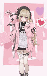 1girl :d absurdres apron between_fingers black_dress brown_hair collared_dress cuffs dress feet_out_of_frame frilled_apron frills hand_up handcuffs heart highres holding hui_yu_yu_yu_ye jacket long_sleeves makaino_ririmu makaino_ririmu_(5th_costume) multicolored_hair nijisanji open_clothes open_jacket open_mouth pink_background pink_hair pink_jacket pixelated pleated_dress puffy_long_sleeves puffy_sleeves red_eyes sleeves_past_wrists smile solo spoken_heart standing streaked_hair stuffed_animal stuffed_rabbit stuffed_toy text_background virtual_youtuber white_apron