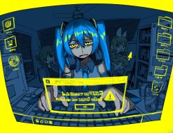 ! 1boy 3girls blue_necktie bookshelf can ceiling_fan cellphone collared_shirt computer_keyboard cursor detached_sleeves drill_hair grey_shirt guitar hair_between_eyes hair_ornament hairclip hatsune_miku headphones headphones_around_neck instrument kagamine_len kagamine_rin kasane_teto long_hair looking_at_viewer multiple_girls natuso7 necktie open_mouth phone plant potted_plant shirt smartphone solo_focus spiked_hair twin_drills twintails typing utau vocaloid window window_(computing) window_blinds yellow_eyes