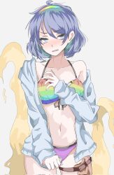 Rule 34 | 1girl, ahoge, alternate costume, bikini, blue eyes, blue hair, blush, commentary request, cowboy shot, grey background, hairband, highres, jacket, kakineko, looking at viewer, multicolored bikini, multicolored hairband, navel, open mouth, short hair, simple background, solo, swimsuit, tenkyuu chimata, thigh strap, touhou, white jacket