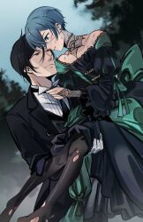 2boys absurdres black_hair black_suit blue_eyes blue_hair butler ciel_phantomhive closed_mouth crossdressing dress earrings eyepatch formal_clothes gloves hair_between_eyes highres jewelry kuroshitsuji long_sleeves male_focus multiple_boys sebastian_michaelis shirt short_hair suit uneasywolf victorian
