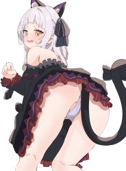 1girl all_fours animal_ear_fluff animal_ears ass ass_focus black_dress blush cat_ears cat_girl cat_tail commentary detached_sleeves dress feet_out_of_frame frilled_dress frills from_behind grey_hair hair_ribbon highres hololive kneepits long_hair long_sleeves looking_at_viewer looking_back murasaki_shion murasaki_shion_(gothic_lolita) official_alternate_costume open_mouth panties paw_pose potepote3415 ribbon simple_background solo tail tail_ornament tail_ribbon thigh_gap underwear virtual_youtuber white_background yellow_eyes