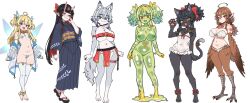 6+girls :d ahoge animal_ears animal_hands aqua_eyes barefoot belt_bra bikini black_fur black_hair blonde_hair bow breasts brown_hair cat_ears cat_girl colored_inner_hair colored_nipples colored_skin completely_nude contrapposto dog_ears dog_girl dog_tail fairy flat_chest full_body furry furry_female green_nipples green_skin grey_fur hair_between_eyes hair_bow harpy highres horns large_breasts long_hair long_sleeves looking_at_viewer maebari monster_girl multicolored_hair multiple_girls navel negationtenmaru nude obi one-piece_swimsuit oni open_mouth original pasties pleated_skirt ponytail red_eyes red_hair sandals sash simple_background skin-covered_horns skirt slime_girl smile standing swimsuit tail talons thighhighs twintails two_side_up very_long_hair waving white_background white_bikini white_one-piece_swimsuit white_thighhighs winged_arms wings yellow_eyes