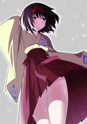 1girl absurdres black_hair brown_eyes clothes_lift commentary_request erika_(pokemon) hairband hakama hakama_lift hakama_skirt highres japanese_clothes kimono lifting_own_clothes long_sleeves medium_hair nintendo panties parted_lips poke_ball_print pokemon pokemon_frlg red_hairband red_hakama skirt smile solo split_mouth toku_sonchou underwear white_panties yellow_kimono