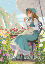 1girl absurdres animal animal_on_lap aqua_dress aqua_headwear aqua_shoes arch bonnet brown_hair bug butterfly cat center_frills chair cloud cup day dress floral_arch flower fountain frills full_body garden green_eyes high_heels highres holding holding_cup insect juliet_sleeves long_sleeves looking_ahead mary_janes on_lap original pantyhose parasol pinafore_dress pink_flower pink_rose puffy_sleeves red_flower red_rose rose sangatsu_(mitsuki358) shirt shoes sitting sleeveless sleeveless_dress smile solo table teacup umbrella white_cat white_flower white_pantyhose white_rose white_shirt