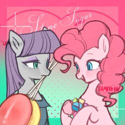:d animal animal_focus aqua_eyes balloon blue_eyes chinese_commentary clothed_animal commentary_request curly_hair eyeshadow ganningganning highres holding long_hair makeup maud_pie mouth_hold my_little_pony my_little_pony:_friendship_is_magic no_humans open_mouth pink_hair pinkie_pie pony_(animal) purple_eyeshadow purple_hair sample_watermark siblings sisters smile upper_body watermark
