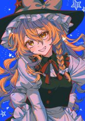 1girl apron black_hat black_vest blonde_hair blue_background bow braid cowboy_shot grey_bow grin hair_between_eyes hair_bow hat hat_bow highres juliet_sleeves kawashiro_nitori long_hair long_sleeves looking_at_viewer neck_ribbon noriuma puffy_sleeves red_ribbon ribbon shirt side_braid signature single_braid smile solo star_(symbol) touhou vest waist_apron white_apron white_bow white_shirt witch_hat yellow_eyes
