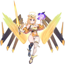 1girl asymmetrical_legwear atte_nanakusa blonde_hair choukou_(alicesoft) choukou_taisen_escalation_heroines clothing_cutout detached_wings double_bun energy_sword feathered_wings full_body gloves grin hair_bun halo haruhina_urara highres long_hair navel_cutout puffy_sleeves simple_background smile solo sword twintails weapon white_background white_gloves wings yellow_eyes
