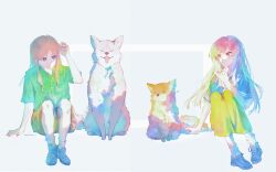 2girls absurdres bang_dream! bang_dream!_it&#039;s_mygo!!!!! blue_eyes blue_shirt brown_hair brown_shorts cellphone chihaya_anon chinese_commentary closed_mouth commentary_request dog dress_shirt full_body green_shirt grey_eyes highres holding holding_phone invisible_chair kanato04249580 long_hair multiple_girls nagasaki_soyo phone pink_hair shirt shoes short_sleeves shorts sidelocks simple_background sitting skirt smartphone socks white_background white_socks yellow_skirt