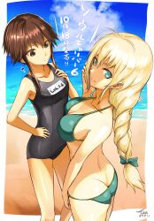 2girls ass bikini blonde_hair breasts butt_crack character_request cleavage competition_swimsuit copyright_request multiple_girls one-piece_swimsuit smile swimsuit tagme tea_(nakenashi)