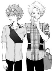 Rule 34 | 2boys, akehoshi subaru, arm behind another&#039;s back, bag, black pants, cellphone, covering own mouth, cowboy shot, ensemble stars!, eyewear on head, facing viewer, fanny pack, greyscale, hair between eyes, hand on another&#039;s shoulder, highres, holding, holding phone, looking to the side, maki keigo, male focus, monochrome, multiple boys, open mouth, pants, phone, plaid clothes, plaid shirt, shirt, short hair, short sleeves, shoulder bag, simple background, smartphone, sweat, white background, yuuki makoto (ensemble stars!)