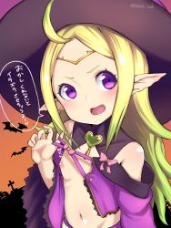 1girl absurdres blade_ride blonde_hair blush bow circlet female_focus fire_emblem fire_emblem_awakening fire_emblem_heroes flashing halloween_costume hat highres loli long_hair navel nintendo nipples nowi_(eternal_witch)_(fire_emblem) nowi_(fire_emblem) open_mouth pink_bow pointy_ears purple_eyes solo translation_request twitter_username upper_body witch_hat