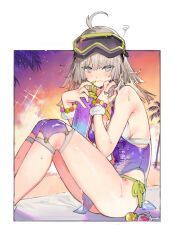 Rule 34 | 1girl, aa-12 (girls&#039; frontline), aa-12 (the sun never rises) (girls&#039; frontline), ahoge, aqua eyes, bikini, bikini under clothes, blush, border, bottle, bracelet, breasts, candy, coconut tree, commentary request, food, from side, girls&#039; frontline, girls&#039; frontline 2: exilium, goggles, goggles on head, gradient sky, grey hair, highres, holding, holding bottle, holding own hair, jewelry, knee guards, lind (girls&#039; frontline 2), lollipop, looking at viewer, medium hair, one-piece swimsuit, outdoors, outside border, palm tree, purple one-piece swimsuit, side-tie bikini bottom, sideboob, sitting, sky, solo, squiggle, star (sky), starshadowmagician, swimsuit, tree, untied swimsuit, water drop, white border