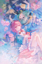 2girls bad_source black_hairband blouse blue_shirt blush bow bowtie bug butterfly dress eyeball flower frilled_dress frilled_sleeves frills green_eyes green_hair hair_between_eyes hairband hand_on_another&#039;s_head hat hat_bow heart highres in_water insect komeiji_koishi komeiji_satori long_bangs looking_at_another lying maccha_(mochancc) multiple_girls on_back open_mouth pink_eyes pink_flower pink_hair pink_rose pink_skirt puffy_sleeves rose shirt siblings sisters skirt smile teeth touhou water yellow_bow yellow_shirt