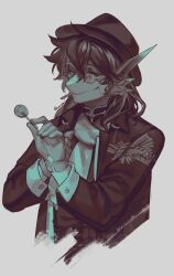 1boy arknights candy closed_mouth dragon_boy food gloves grey_background hat holding holding_candy holding_food holding_lollipop jacket lee_(arknights) lollipop looking_at_viewer male_focus monochrome round_eyewear simple_background solo sora-ya_(uya_kyo)