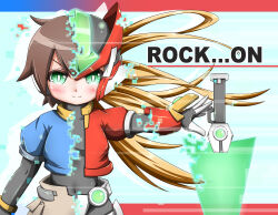 Rule 34 | absurdres, aile (mega man zx), armor, black bodysuit, blonde hair, blue border, blue jacket, blush, bodysuit, border, brown hair, commentary request, cowboy shot, cropped jacket, crotch plate, energy sword, english text, forehead jewel, green eyes, helmet, henshin, highres, jacket, long hair, mega man (series), mega man zx, model zx (mega man), open clothes, open jacket, red armor, red border, red helmet, red jacket, robot ears, short hair, shorts, sword, takaramono, transformation, weapon, white shorts