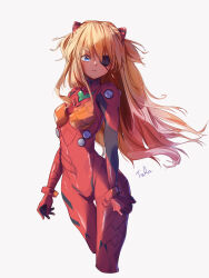 1girl absurdres blue_eyes bodysuit breasts closed_mouth covered_navel cropped_legs curvy eyepatch hairpods highres interface_headset_(evangelion) long_hair mecha_pilot_suit medium_breasts neon_genesis_evangelion one_eye_covered orange_hair plugsuit_(evangelion) rebuild_of_evangelion red_bodysuit shiny_clothes solo souryuu_asuka_langley tsundere turn_zhuan white_background wide_hips