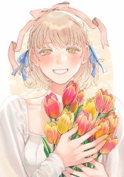 1girl alt_text alternate_hairstyle blonde_hair blue_ribbon blush braid colored_eyelashes dungeon_meshi falin_touden falin_touden_(tallman) flower grin hair_ribbon hands_up highres holding holding_flower long_sleeves looking_at_viewer nail_polish orange_flower pink_ribbon red_flower ribbon sasakura34 shirt short_hair sleeves_past_wrists smile solo straight-on tulip upper_body white_shirt yellow_eyes yellow_flower yellow_nails