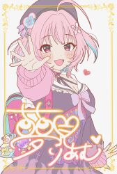 1girl 39m27 ahoge aqua_hair backpack bag bandaid bandaid_hair_ornament beret blush bow breasts brooch character_signature charm_(object) chest_strap choker cleavage colored_inner_hair crossed_bandaids fangs fingernails flame_print green_nails hair_ornament hat hat_ornament heart heart_brooch heart_hat_ornament highres idolmaster idolmaster_cinderella_girls idolmaster_cinderella_girls_starlight_stage jacket jewelry looking_at_viewer medium_breasts medium_hair multicolored_hair multicolored_nails nail_polish o-ring o-ring_choker official_alternate_costume open_mouth palms pink_bag pink_bow pink_choker pink_hair purple_hat purple_jacket purple_nails rainbow_print randoseru smile solo teddy_bear_hair_ornament two-tone_hair two_side_up white_background yellow_nails yumemi_riamu