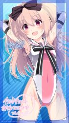 1girl adversarial_noise arms_behind_back artist_name black_bow black_ribbon blue_background bow breasts character_name closed_eyes commission cosplay cowboy_shot gloves highleg highleg_leotard highres inaba_shiki kizuna_ai kizuna_ai_(cosplay) kizuna_ai_inc. leotard long_hair looking_at_viewer original pink_hair pixiv_commission red_eyes ribbon small_breasts solo striped_background thighhighs two_side_up watermark watermark_grid white_gloves white_leotard white_thighhighs