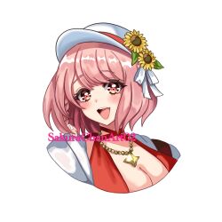 1girl bikini breasts cleavage fire_emblem fire_emblem_engage fire_emblem_heroes flat_cap hat highres jacket jewelry lapis_(fire_emblem) lapis_(forager_of_the_sea)_(fire_emblem) necklace nintendo official_alternate_costume open_mouth pink_eyes pink_hair red_bikini sakurachanart02 swimsuit two-tone_hat white_hat white_jacket