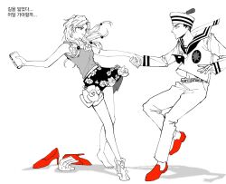 1_22sssam 1boy 1girl barefoot cellphone commentary_request compass_rose dancing dixie_cup_hat flower_ornament hair_bobbles hair_ornament hat higashikata_josuke_(jojolion) high_heels highres hirose_yasuho holding holding_hands holding_phone jojo_no_kimyou_na_bouken jojolion korean_commentary korean_text long_hair long_sleeves military_hat monochrome navel phone red_shoes sailor sailor_collar sailor_hat shirt shoes single_shoe single_sock skirt sleeveless sleeveless_shirt smartphone socks spot_color translation_request unworn_shoes unworn_socks