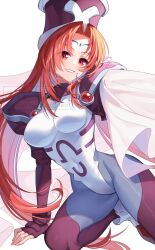 1girl arm_support boots commentary_request elbow_gloves facial_mark fingerless_gloves forehead_mark gloves highres houshin_engi leotard long_hair looking_at_viewer nekozuki_yuki parted_bangs purple_gloves purple_headwear red_eyes red_hair simple_background smile so_dakki solo very_long_hair white_background white_boots white_leotard