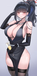 1girl black_dress black_gloves black_hair black_thighhighs blue_archive bracelet breasts cleavage cowboy_shot cup dress drinking_glass earrings elbow_gloves evening_gown gloves halo high_ponytail highres holding holding_cup jewelry large_breasts looking_at_viewer necklace pelvic_curtain plunging_neckline ponytail red_eyes rio_(blue_archive) shougun_(chuckni1) side_slit solo thighhighs