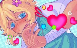 Rule 34 | 1boy, alternate skin color, basil (faraway) (omori), basil (omori), blonde hair, blue eyes, blush, body freckles, collared shirt, dark-skinned male, dark skin, donuqx, flower, freckles, green sweater vest, hair flower, hair ornament, heart, looking at viewer, male focus, multicolored hair, omori, open mouth, roots (hair), scar, scar on face, scar on nose, shirt, short hair, short sleeves, solo, sweat, sweater vest, twitter username, white shirt
