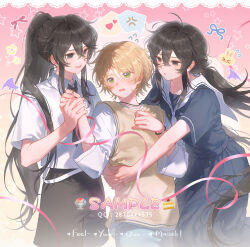 1girl 2boys absurdres anger_vein bisexual_male black_hair blonde_hair blush boy_and_girl_sandwich commission dual_persona ensemble_stars! green_eyes guozi375 heart highres holding_hands hug long_hair multiple_boys multiple_girls necktie oc_x_canon original pants ponytail sandwiched school_uniform serafuku shiratori_aira_(ensemble_stars!) shirt short_hair short_sleeves siblings sweater_vest very_long_hair white_shirt