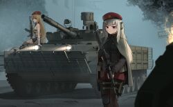 2girls absurdres ak-47 ak-47_(girls&#039;_frontline) ak-74m ak74m_(girls&#039;_frontline) akm armored_personnel_carrier armored_vehicle assault_rifle beret black_gloves black_thighhighs blonde_hair blue_eyes bmp-3 brown_shorts cloak combat_knife commentary commission ear_protection expressionless fingerless_gloves fire fog girls&#039;_frontline gloves gun hat highres holding holding_gun holding_weapon kalashnikov_rifle knee_pads knife long_hair looking_at_viewer motor_vehicle multiple_girls outdoors ovvvgog13235 pouch purple_eyes red_skirt rifle sheath sheathed shorts single_knee_pad sitting skirt thighhighs weapon white_gloves white_hair