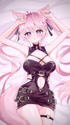1girl absurdres animal_ears antenna_hair black_dress black_ribbon breasts chouchou_cream cleavage closed_mouth clothing_cutout dress hair_ribbon hakui_koyori hakui_koyori_(dark_maid) heart heart-shaped_pupils heart_o-ring highres hololive large_breasts long_hair lying nail_polish o-ring o-ring_thigh_strap official_alternate_costume on_back pink_hair pink_nails purple_eyes ribbon smile solo stomach_cutout symbol-shaped_pupils tail thigh_strap twintails very_long_hair virtual_youtuber wolf_ears wolf_girl wolf_tail