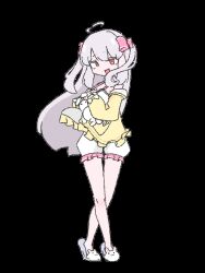 1girl ahoge animated animated_gif bouncing_breasts bow breasts camisole cardigan cardigan_partially_removed cleavage closed_eyes cowboy_shot dancing frills grey_hair hair_bow long_hair looking_at_viewer looping_animation midriff navel niliu_chahui open_cardigan open_clothes original pointy_ears red_eyes shorts simple_background solo swaying swaying_hip sweater transparent_background twintails very_long_hair white_camisole white_shorts yellow_sweater