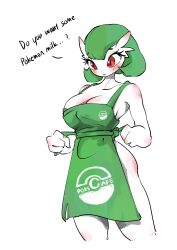 1girl apron bare_shoulders blush bob_cut breasts cleavage closed_mouth collarbone colored_skin commentary cropped_legs ear_blush english_commentary female_focus gardevoir gen_3_pokemon green_apron green_hair hands_up kobi_(pixiv_110113813) large_breasts looking_afar naked_apron nintendo pokemon pokemon_(creature) raised_eyebrows red_eyes short_hair slit_pupils solo standing talking tying_apron white_skin