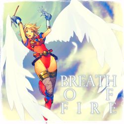 1girl blonde_hair blue_eyes boots breath_of_fire capcom feathers female_focus gloves highres nina_(breath_of_fire_i) sky sword weapon wing