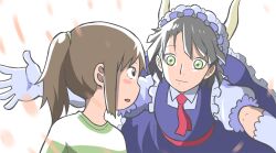 Rule 34 | 1boy, 1girl, black eyes, black hair, blue dress, blue eyes, blush stickers, brown hair, commentary, cosplay, dragon horns, dress, elbow gloves, gloves, green eyes, haku (sen to chihiro no kamikakushi), highres, horns, kobayashi-san chi no maidragon, maid headdress, ogino chihiro, ponytail, puffy short sleeves, puffy sleeves, sen to chihiro no kamikakushi, shirt, short sleeves, smile, striped clothes, striped shirt, tohru (maidragon), tohru (maidragon) (cosplay), trait connection, wibubox