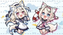 Rule 34 | 2girls, :d, animal ear fluff, animal ears, arms up, belt, belt buckle, beret, black collar, black sailor collar, blue background, blue bow, blue eyes, blue hair, blue hairband, blue neckerchief, bow, brown hair, buckle, collar, commentary request, dog ears, dog girl, dog tail, dotted line, dress, drop shadow, fake horns, fang, fuwawa abyssgard, gradient background, hair between eyes, hair ornament, hairband, hairclip, hat, highres, hololive, hololive english, horns, kadose ara, long hair, looking at viewer, mococo abyssgard, multicolored hair, multiple girls, navel, neckerchief, open mouth, pink belt, pink eyes, pink hair, pink hairband, pink neckerchief, sailor collar, sailor dress, short shorts, short sleeves, shorts, siblings, sisters, sleeveless, sleeveless dress, smile, spiked collar, spikes, streaked hair, tail, tail bow, tail ornament, twins, two side up, very long hair, virtual youtuber, white background, white dress, white hat, white shorts, x hair ornament