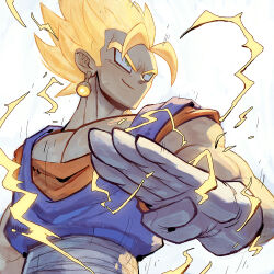 Rule 34 | 1boy, aura, blonde hair, blue shirt, crackling energy, dougi, dragon ball, dragonball z, earrings, garrett hanna, gloves, green eyes, jewelry, male focus, muscular, muscular male, orange shirt, potara earrings, sash, shirt, short sleeves, smirk, solo, spiked hair, super saiyan, super saiyan 1, vegetto, white background, white gloves, white sash