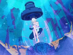 Rule 34 | 1girl, absurdres, air bubble, aqua theme, barcode, barcode tattoo, bare arms, bare shoulders, barefoot, blue dress, bubble, closed eyes, closed mouth, dress, electricity, fetal position, floating hair, full body, gears, hands on own chest, highres, ichika nito, in container, light bulb, medium hair, noka works, one eye covered, original, own hands together, scenery, solo, strapless, strapless dress, tattoo, underwater, white dress, white hair