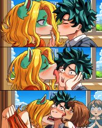 1girl 2girls absurdres blonde_hair blush boku_no_hero_academia brown_hair colored_skin furry furry_female green_hair highres imminent_kiss imminent_threesome indoors ippan_josei licking licking_another&#039;s_face long_tongue midoriya_izuku multicolored_skin multiple_girls possessed snout tearing_clothes toga_himiko tongue torn_clothes upper_body uraraka_ochaco vlizz