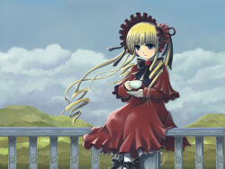 1girl archived_source blonde_hair bonnet bow cloud commentary_request cup day dress drill_hair grey_eyes holding holding_cup holding_saucer light_smile lolita_fashion long_hair looking_at_viewer mountainous_horizon outdoors railing red_dress rozen_maiden saucer shinku sitting sky slice_of_life solo teacup twintails twoirons