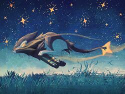 7_phi_3 black_fur black_tail blue_fur body_fur colored_sclera creatures_(company) eye_trail full_body game_freak gen_4_pokemon grass highres light_trail lion luxray mane night nintendo pokemon pokemon_(creature) running solo star_(sky) star_(symbol) yellow_sclera