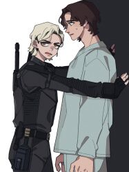 1boy 1girl black_gloves blonde_hair bodysuit brown_hair earrings fingerless_gloves gloves highres jewelry marvel marvel_cinematic_universe sentry_(marvel) short_hair simple_background superhero_costume sweetp247 thunderbolts_(film) yelena_belova