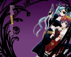 00s 2girls belt blue_eyes blue_hair brown_hair choker dress eyepatch gloves goth_fashion green_eyes gun handgun long_hair multiple_girls nahashi_lucia orange_hair revolver short_hair smile takahana_sumire thighhighs twintails venus_versus_virus very_long_hair weapon zettai_ryouiki