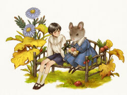 1boy acorn bench black_hair black_shorts blue_flower bow child closed_mouth dress flower full_body holding leaf long_sleeves mary_janes mogoshin moss mouse_(animal) mouse_girl nut_(food) on_bench original plant shirt shoes short_hair shorts simple_background sitting socks white_background white_shirt