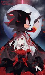 1boy 1girl alternate_costume arm_at_side arm_up artist_name black_dress black_sleeves bow commentary detached_sleeves dress english_commentary frilled_sleeves frills full_moon furry furry_male gun halter_dress halterneck handgun hedgehog highres holding holding_gun holding_weapon long_hair looking_ahead looking_at_viewer maria_robotnik moon night parted_bangs pistol red_dress red_eyes red_trim sega serious shadow_the_hedgehog shyu_1014 signature sonic_(series) sonic_generations sonic_x_shadow_generations spiked_hair straight_hair veil weapon white_fur white_hair