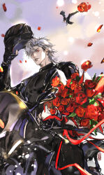 1boy absurdres bird black_bird black_gloves black_jacket black_shirt bouquet crow envelope fingerless_gloves flower gloves helmet highres holding holding_bouquet holding_helmet jacket leather leather_jacket liubai_615 long_sleeves love_and_deepspace male_focus mephisto_(love_and_deepspace) motor_vehicle motorcycle open_clothes open_jacket outdoors petals red_flower red_petals red_rose rose shirt sitting solo sunset sylus_(love_and_deepspace)