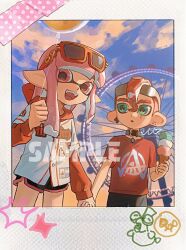 1boy 1girl aqua_eyes balloon black_choker black_shorts bow choker earrings eyewear_on_head fangs ferris_wheel food golden_egg_(splatoon) hair_between_eyes hair_bow highres holding holding_balloon holding_hands holding_ice_cream_cone hood hood_down hoodie ice_cream ice_cream_cone inkling inkling_girl inkling_player_character jewelry layered_sleeves long_hair long_sleeves looking_at_viewer miko_(15476997) multiple_scoops nintendo octoling octoling_boy octoling_player_character open_mouth pac-man_eyes pink_eyes pink_hair pointy_ears polaroid_photo red-framed_eyewear red_bow red_hair red_hoodie red_shirt sample_watermark scar scar_across_eye scar_on_face shirt short_hair short_over_long_sleeves short_sleeves shorts smallfry_(splatoon) smile splatoon_(series) stud_earrings sunglasses t-shirt tentacle_hair watermark white_shirt